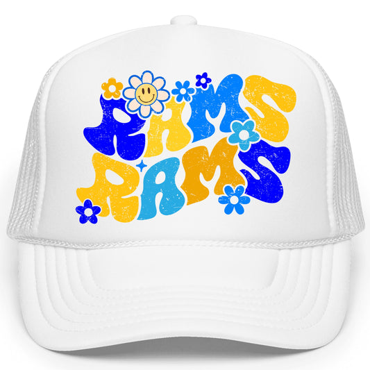 Groovy Floral Rams Trucker Hat for Women and Teens Blue and Yellow Team Pride Snapback