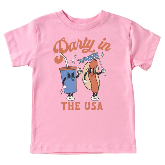 Close-up of Party in the USA hotdog and soda print detail on shirt