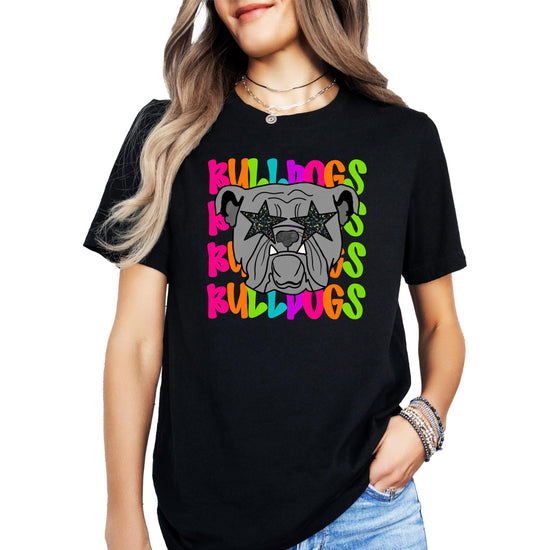 Close-up of colorful Bulldogs mascot graphic print on black tee