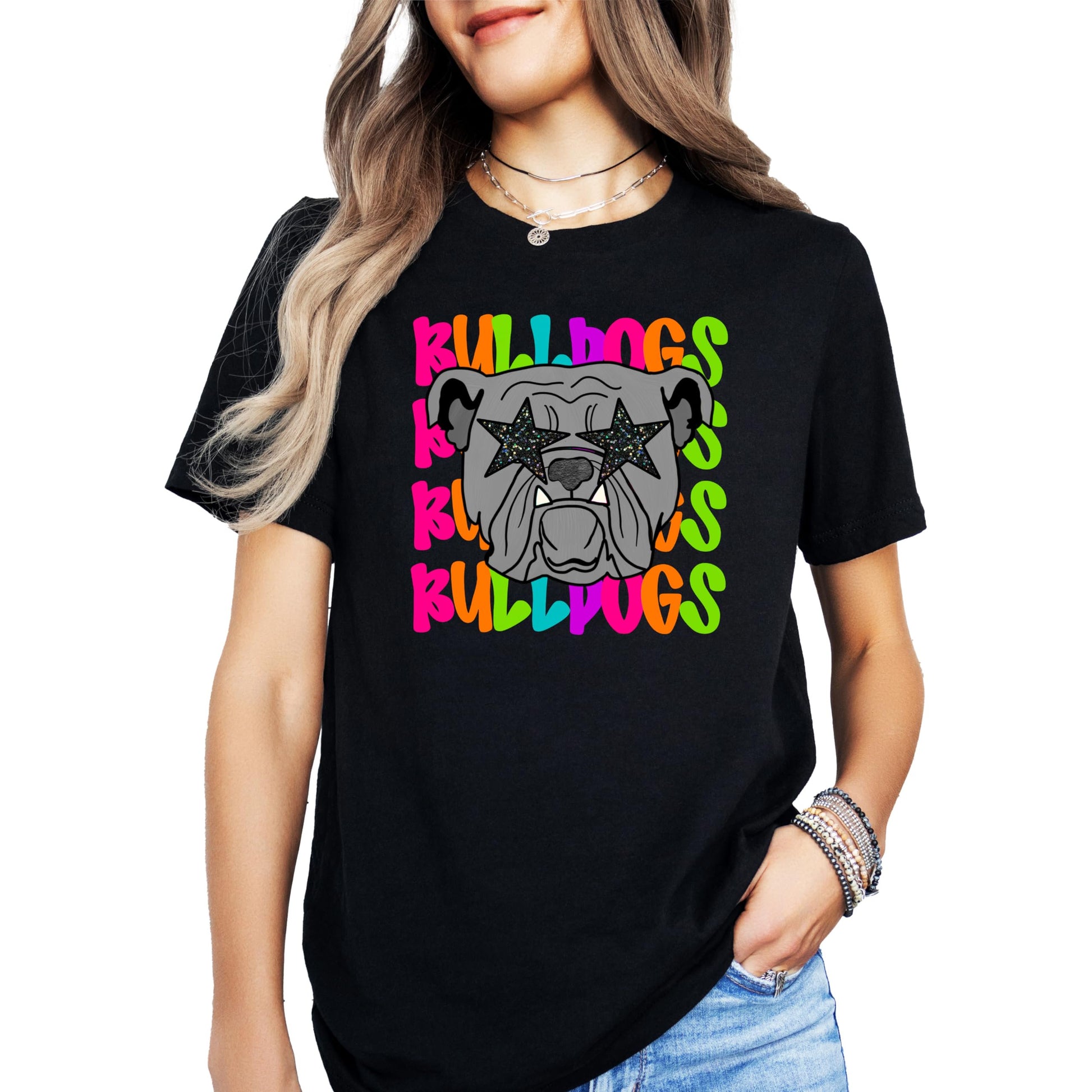 Close-up of colorful Bulldogs mascot graphic print on black tee