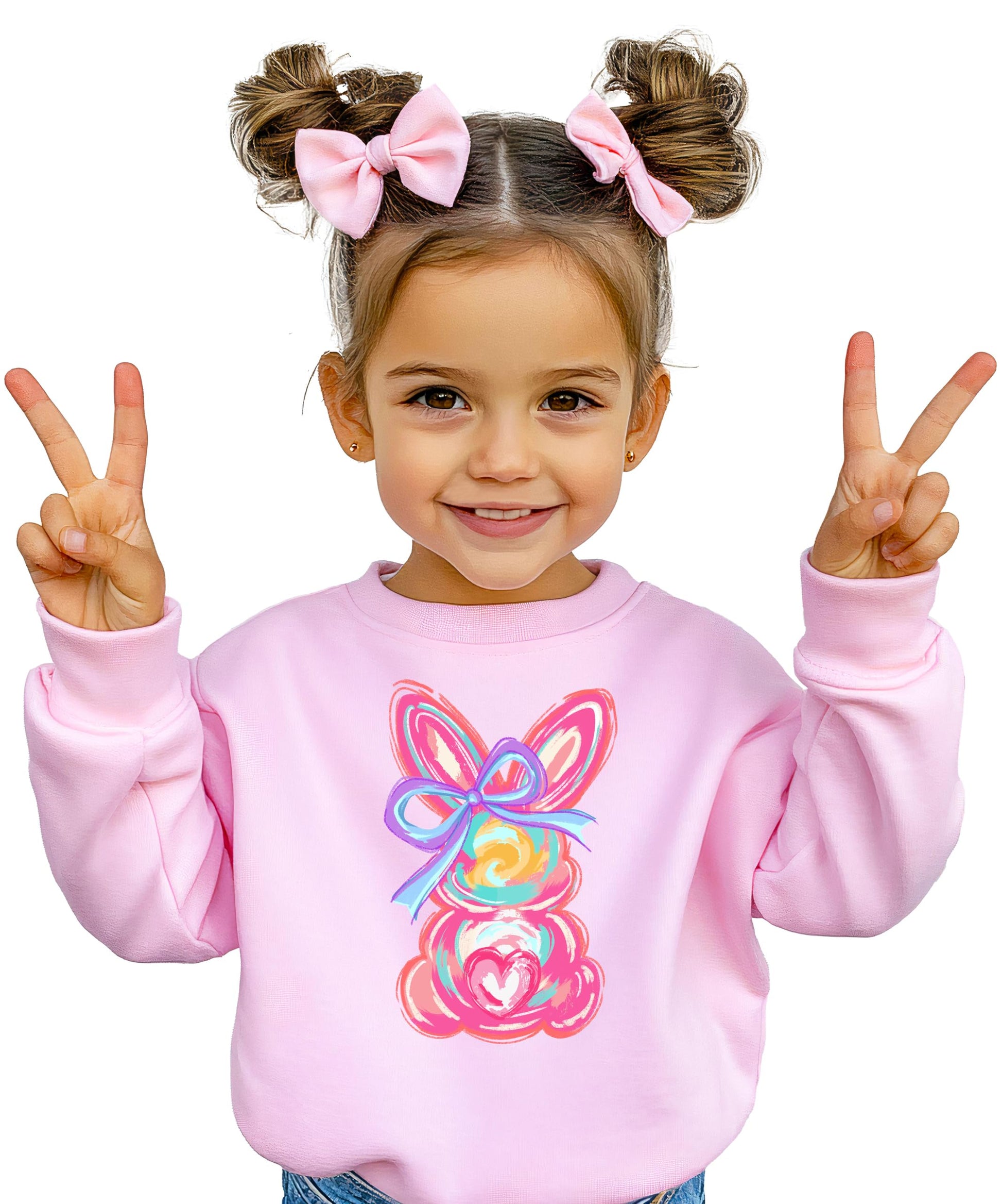 Flat lay of white kids sweatshirt featuring whimsical painted Easter bunny coquette graphic