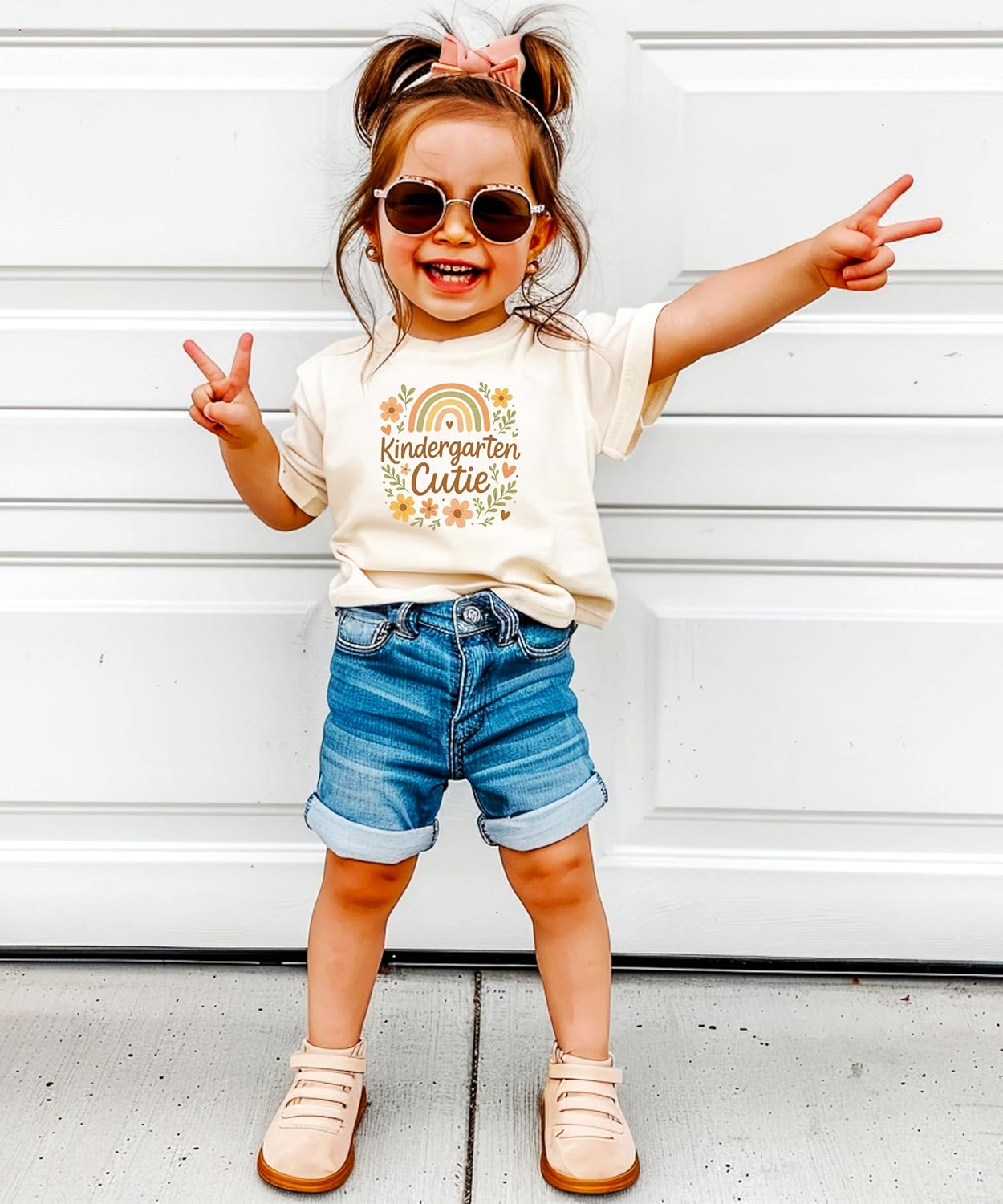 Back-to-school styling of Kindergarten Cutie boho shirt paired with jeans and backpack
