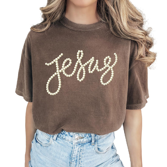 Women's seafoam green Jesus graphic tee with pearl script lettering on the front
