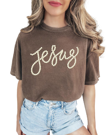 Women's seafoam green Jesus graphic tee with pearl script lettering on the front
