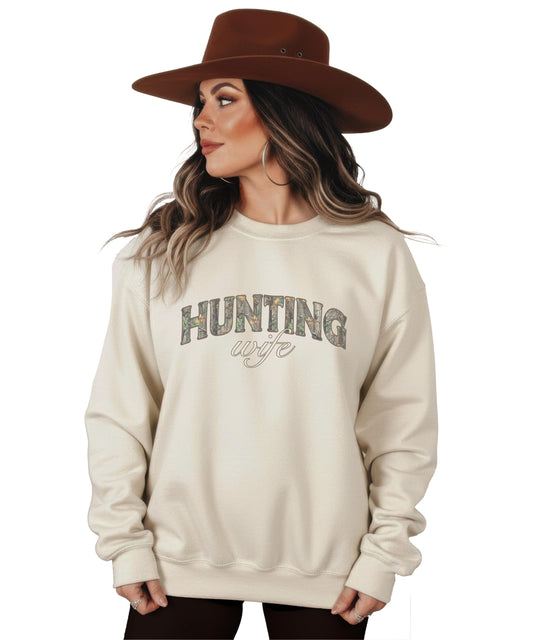 Front view of women's camo pullover sweatshirt with hunting wife graphic design