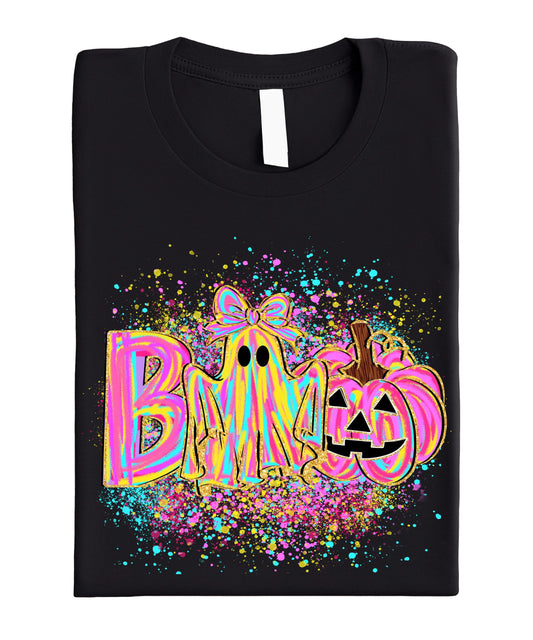 Neon Boo Halloween Shirt With Girly Ghost and Bow for Women, Teens & Kids Cute Spooky Season Tee