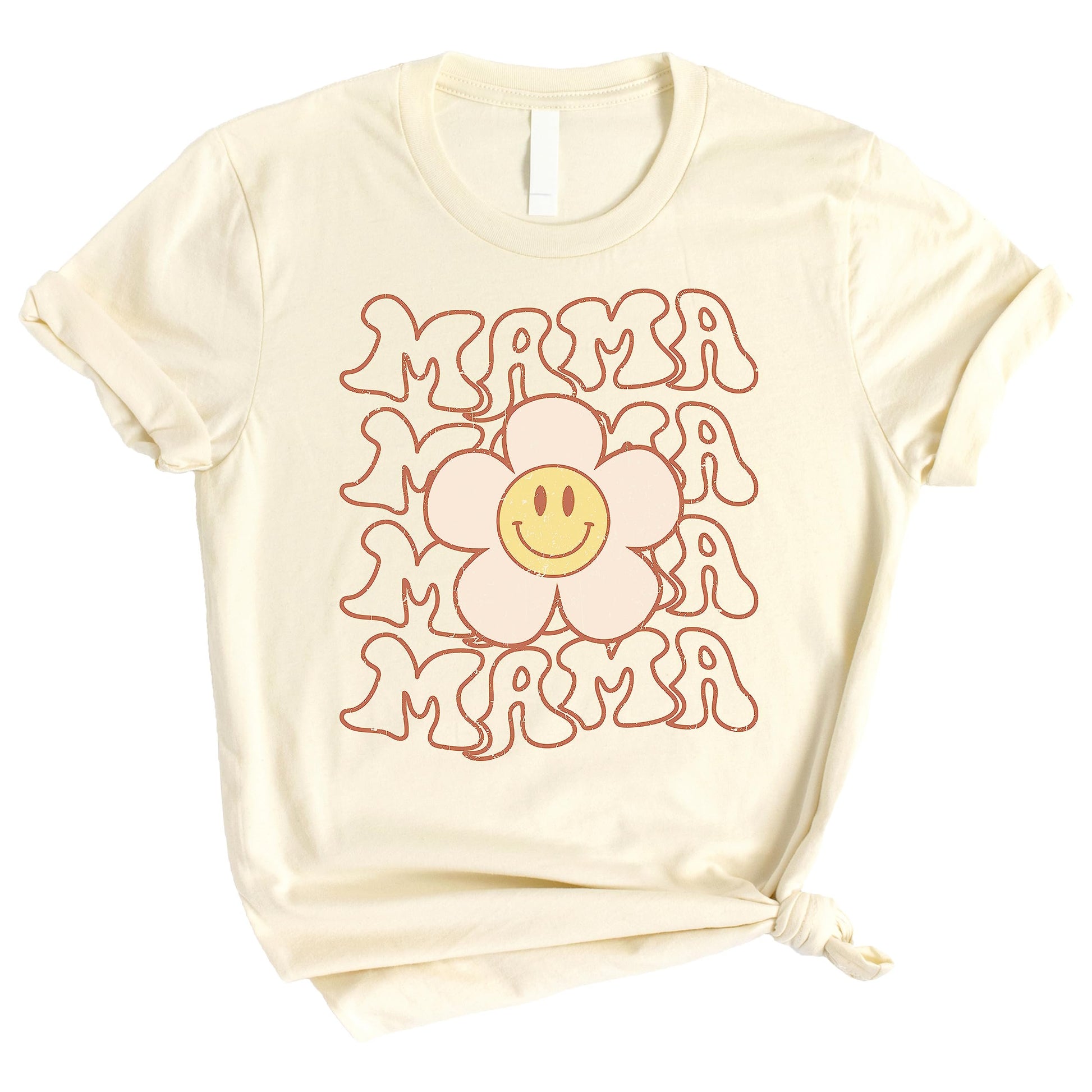 Detail shot of Happy Daisy design on mama and mini matching natural shirts