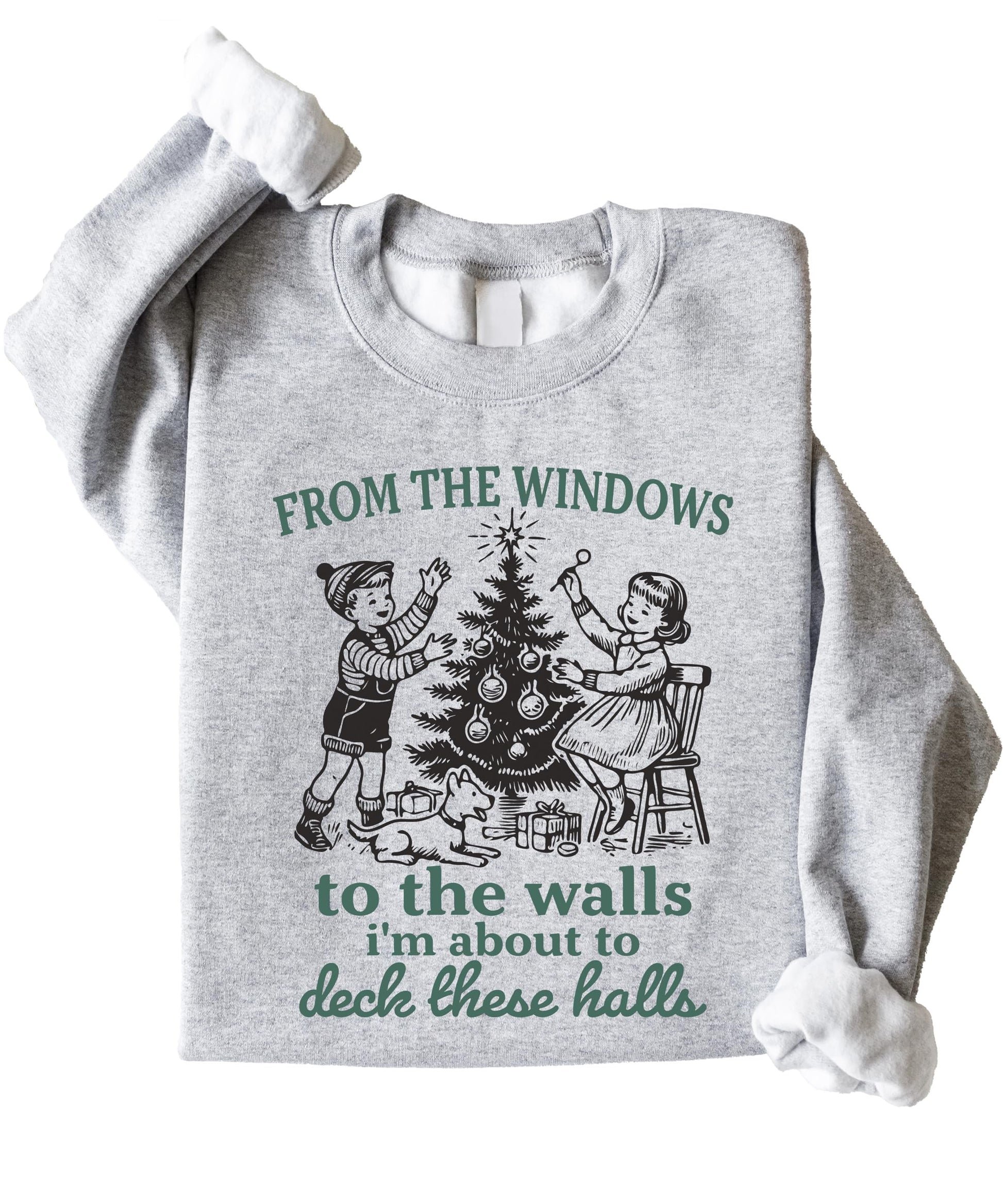 Detail shot of Deck These Halls humorous Christmas sweatshirt graphic on soft gray fleece