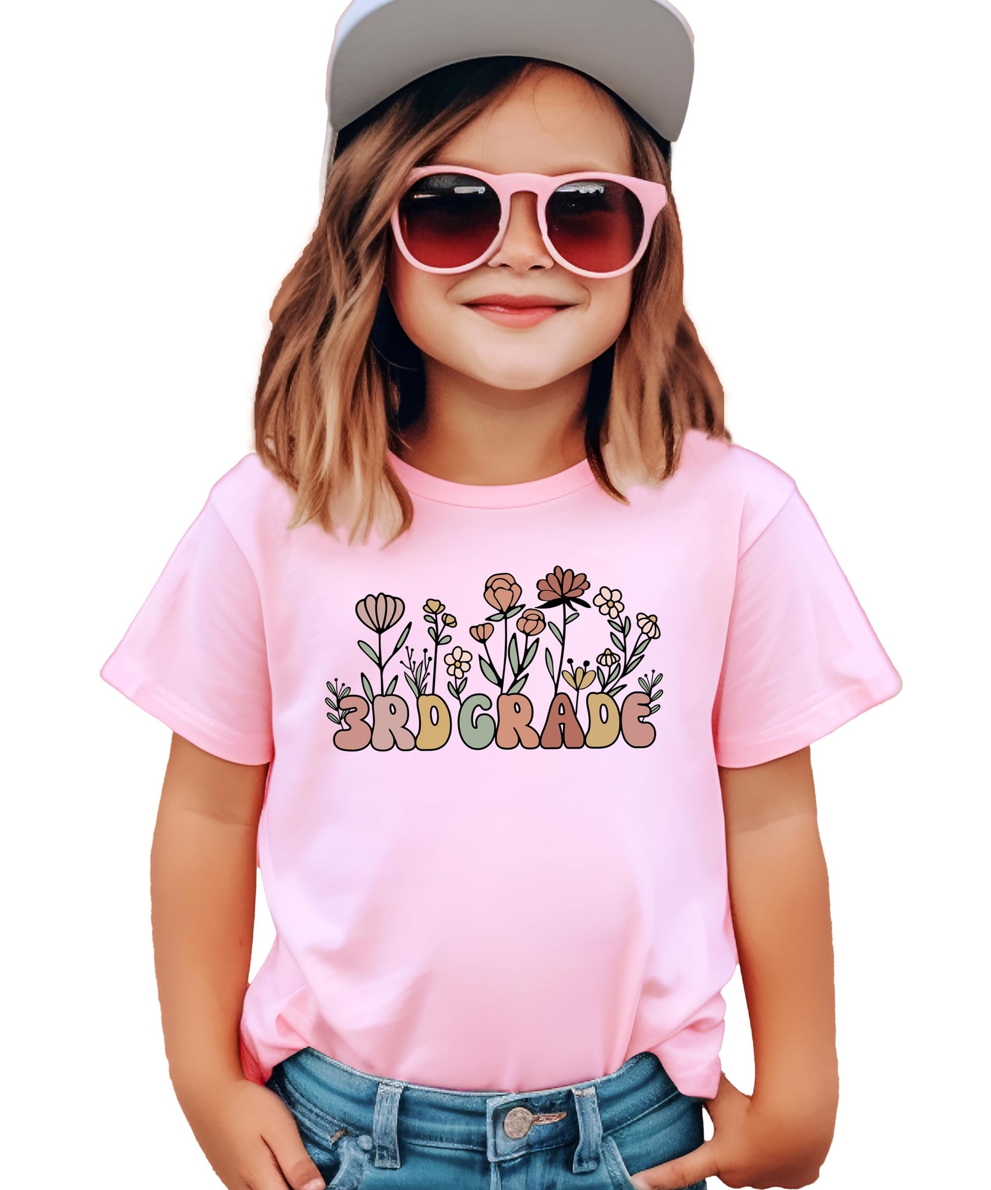 Close-up of 3rd grade flower graphic print on military green girls youth tee