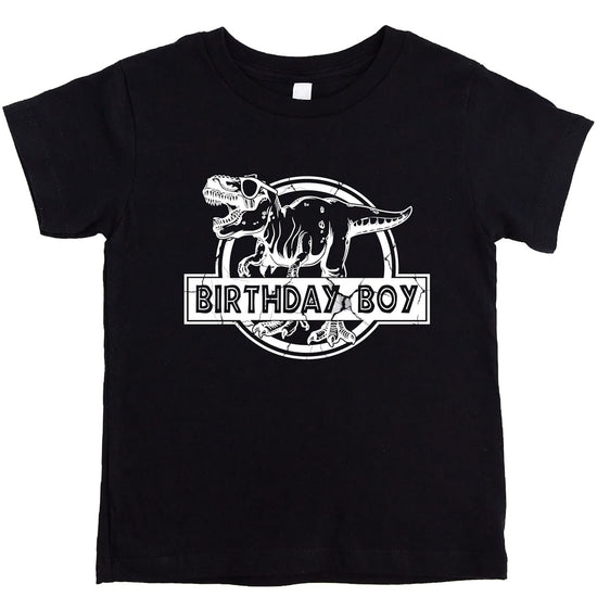 Black Birthday Boy dinosaur t-shirt with white T-Rex graphic and nameplate design for kids
