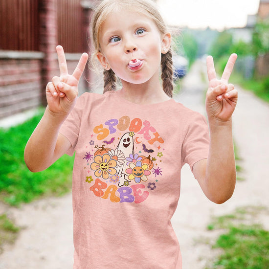 Back view of natural Spooky Babe ghost Halloween shirt for girls