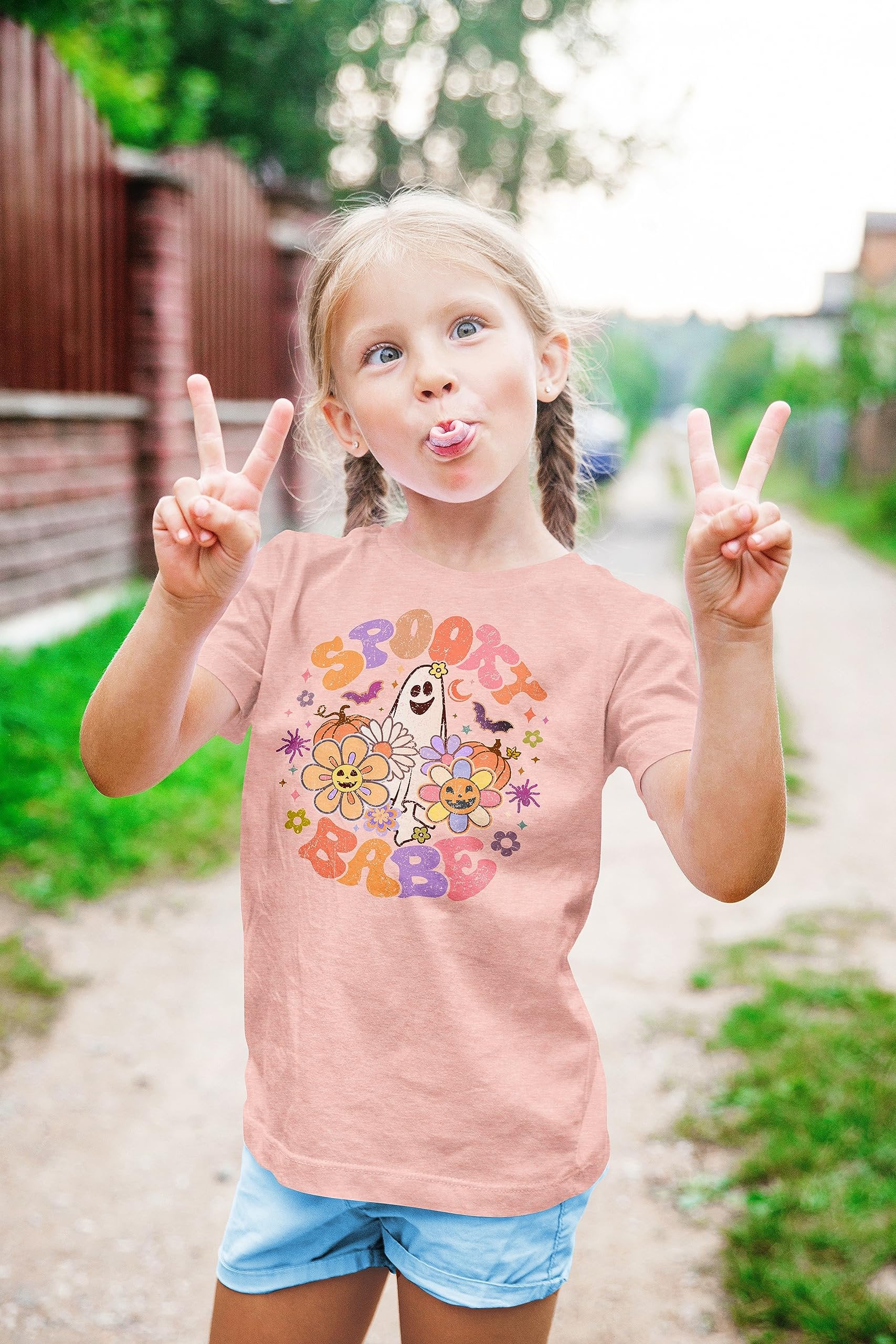 Back view of natural Spooky Babe ghost Halloween shirt for girls