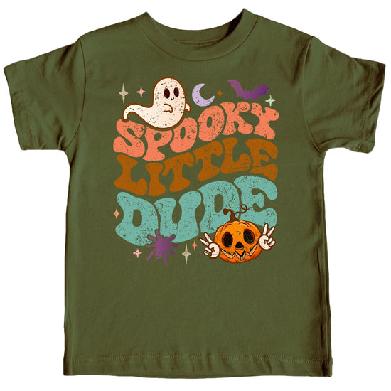 Spooky Little Dude groovy Halloween graphic tee in natural color for toddler and baby boys