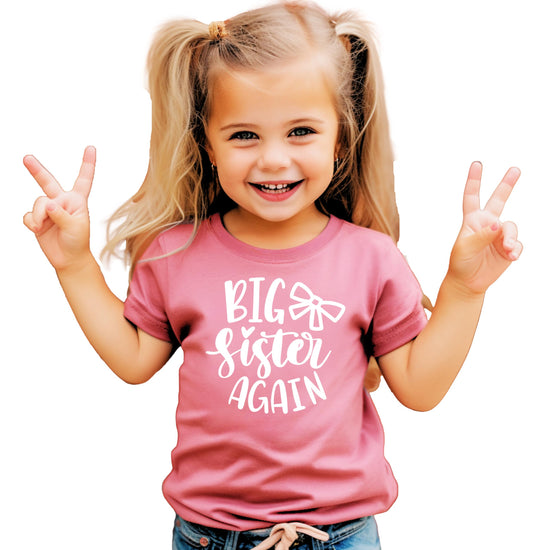 Mauve toddler girl's Big Sister Again bow graphic tee by Olive Loves Apple