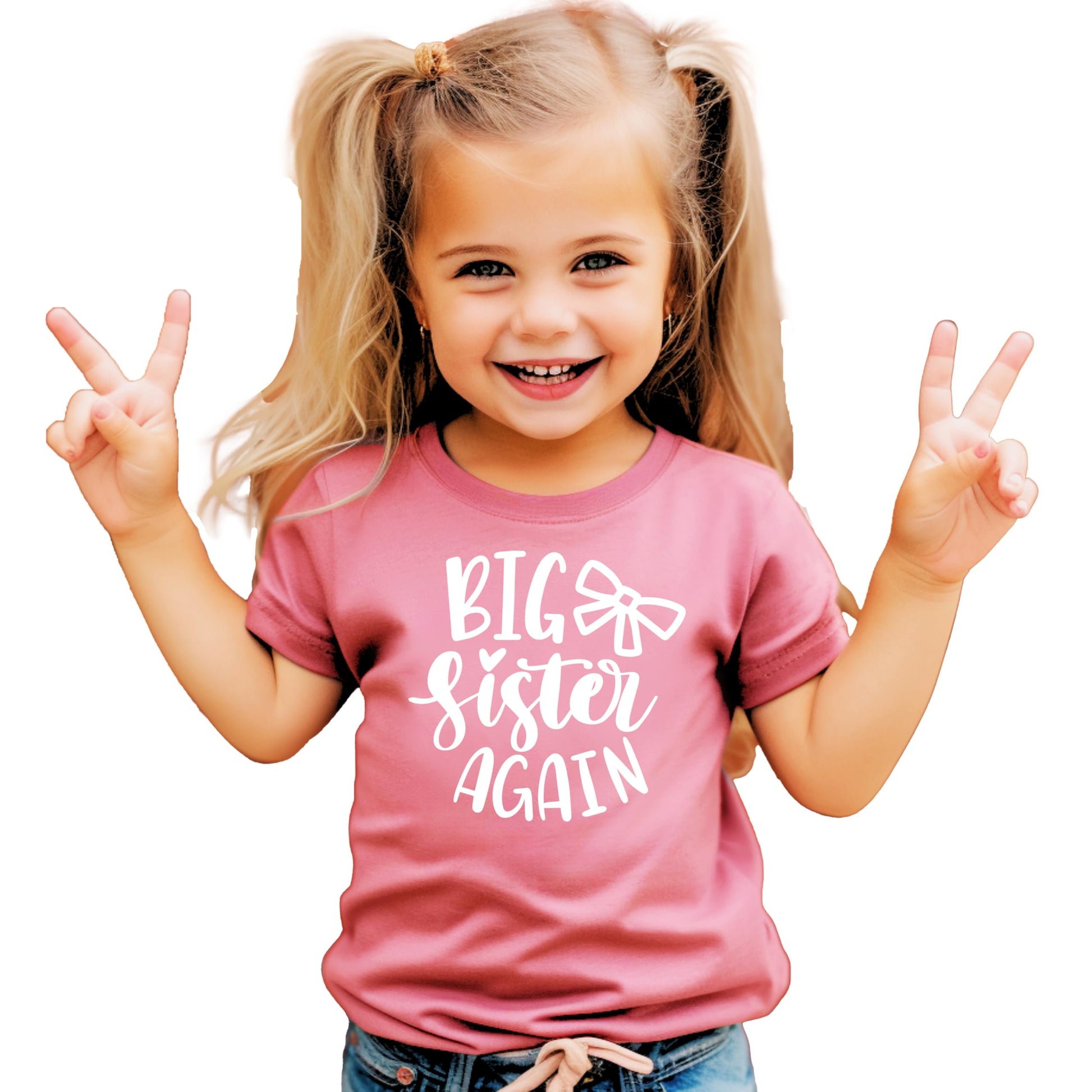 Mauve toddler girl's Big Sister Again bow graphic tee by Olive Loves Apple