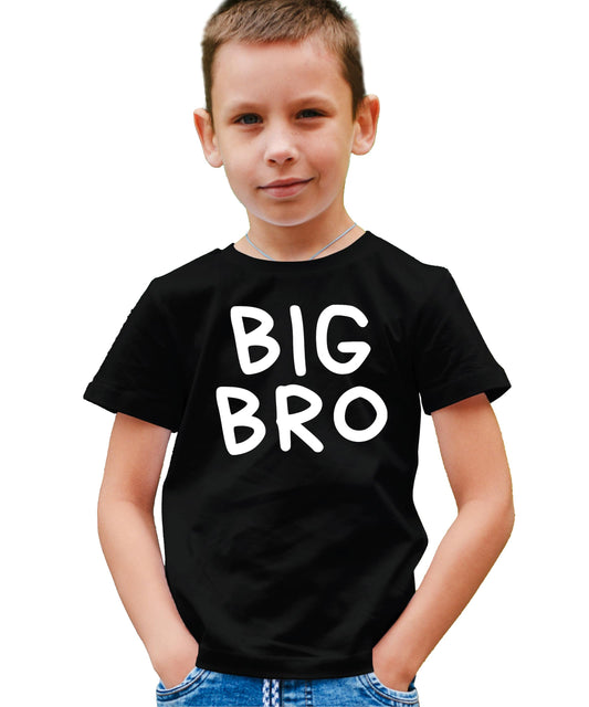 Close-up of handwritten Big Bro graphic print on black kids t-shirt