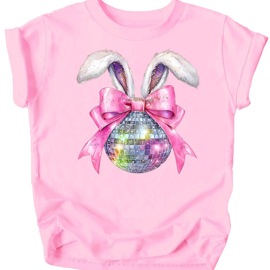 Close-up of disco bunny graphic on pink kids Easter shirt with glittery bow and disco ball detail