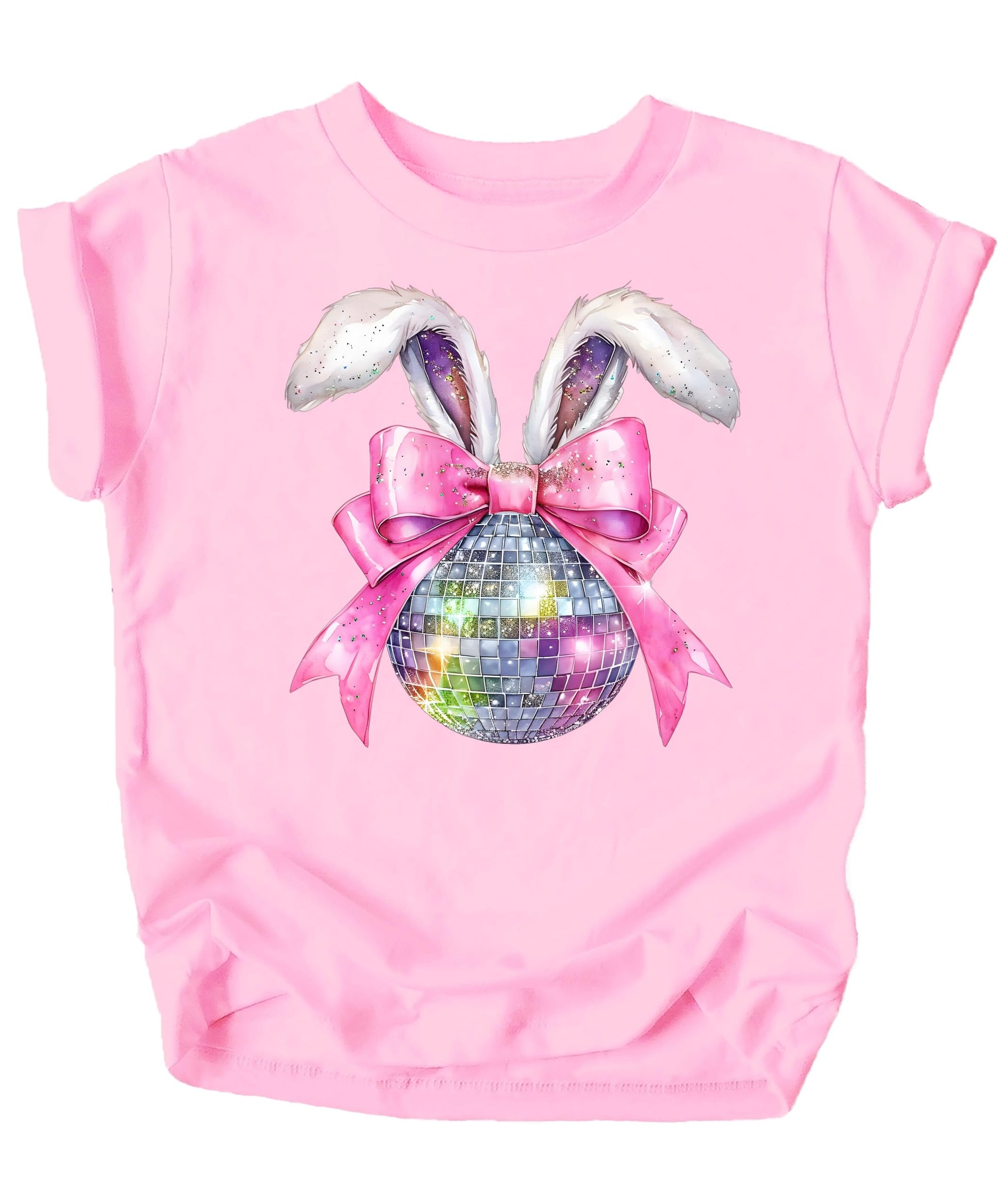 Close-up of disco bunny graphic on pink kids Easter shirt with glittery bow and disco ball detail