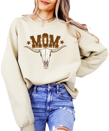 Mom Bull Skull Sweatshirt for Women Trendy Western Country Style Crewneck White Sweatshirt Adult Large