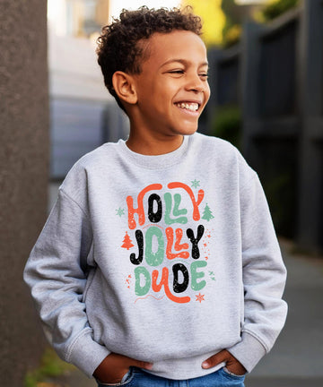 Close-up of Holly Jolly Dude Christmas sweatshirt graphic featuring snowflakes and festive bubble lettering