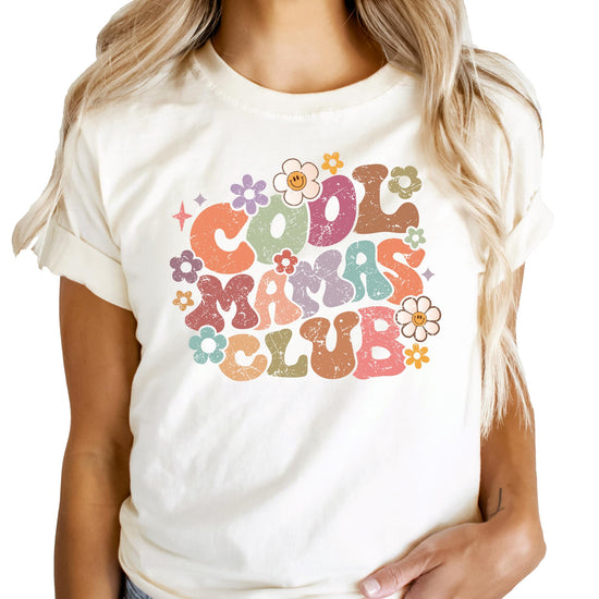 Women's natural color distressed Cool Mamas Club groovy flower graphic t-shirt front view