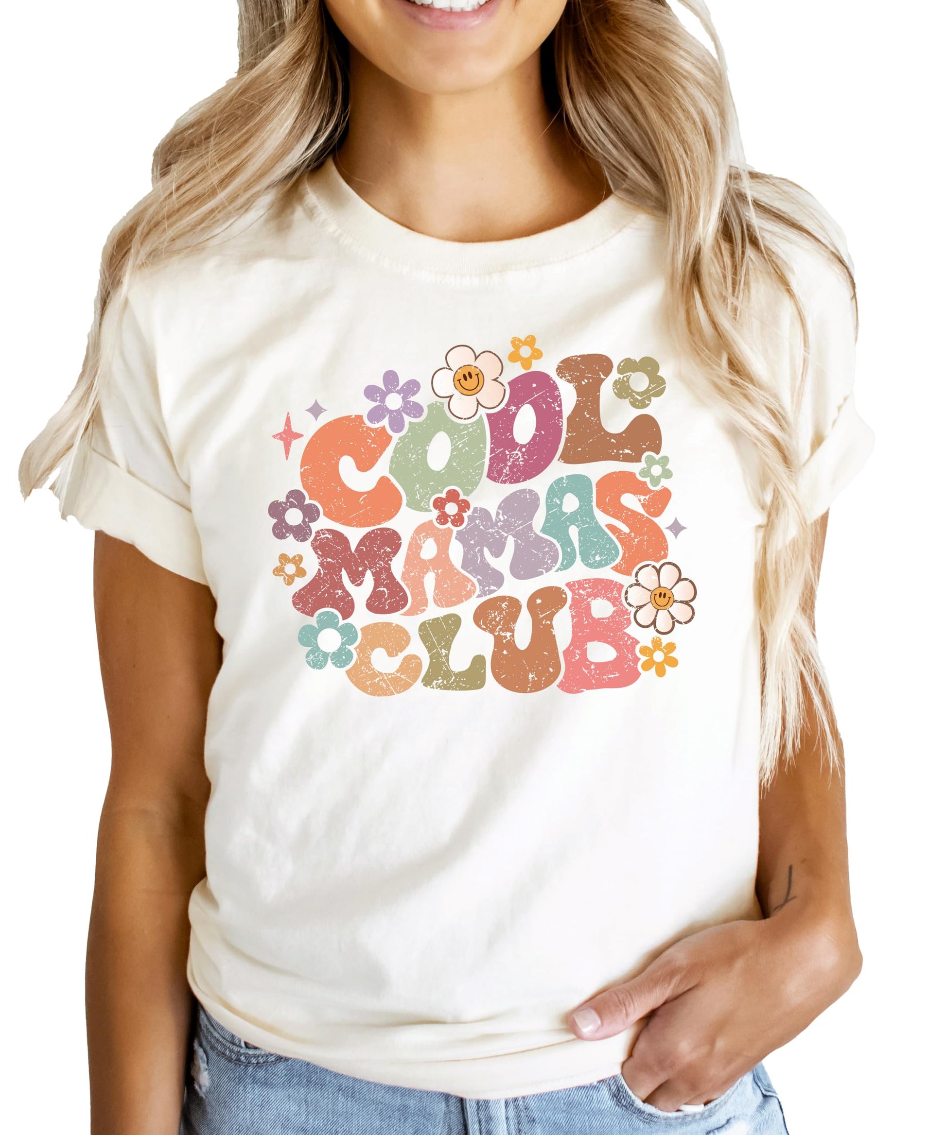 Women's natural color distressed Cool Mamas Club groovy flower graphic t-shirt front view