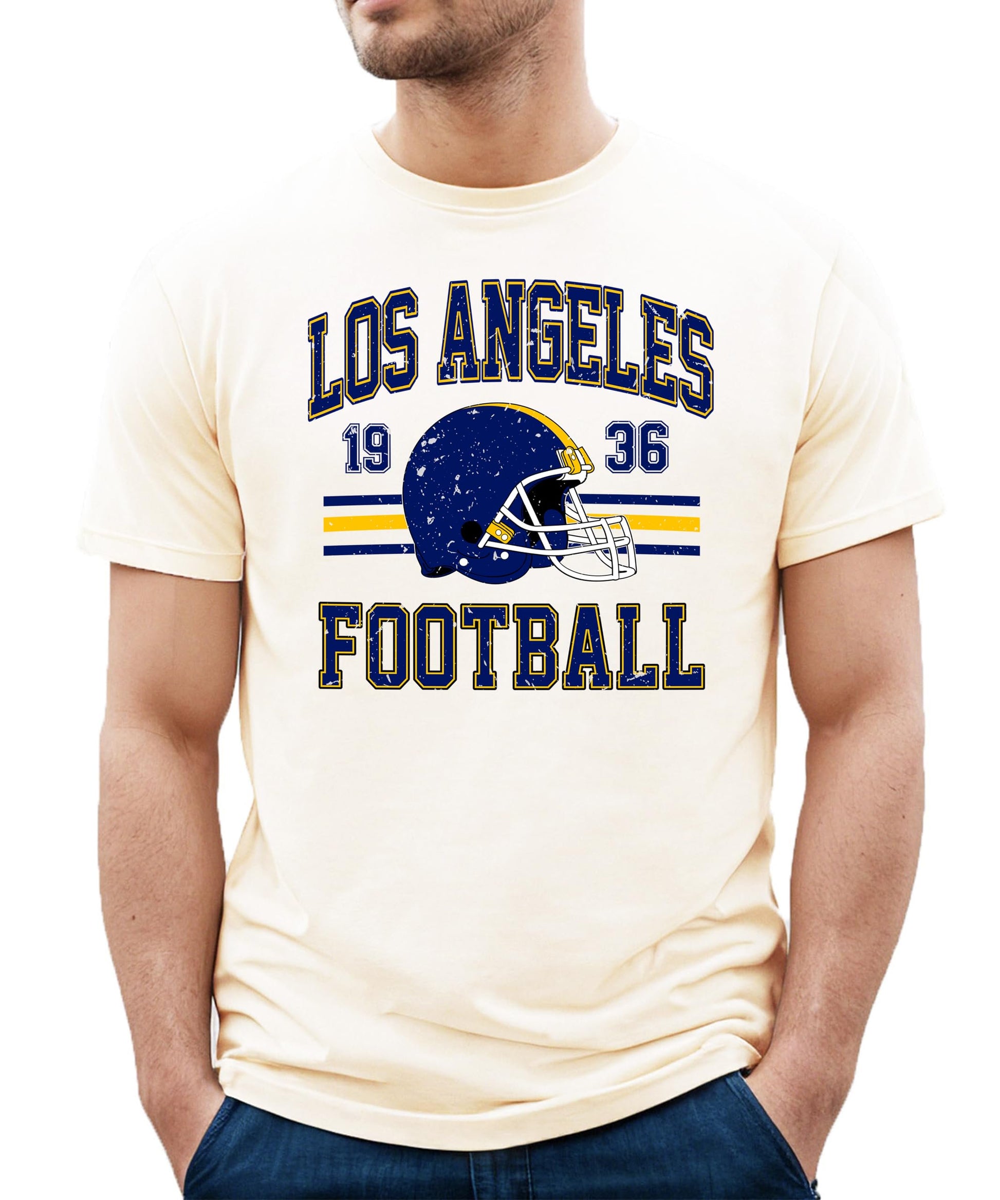 Vintage football tee laid flat showing full design of Los Angeles Football 1936 graphic in distressed blue and gold