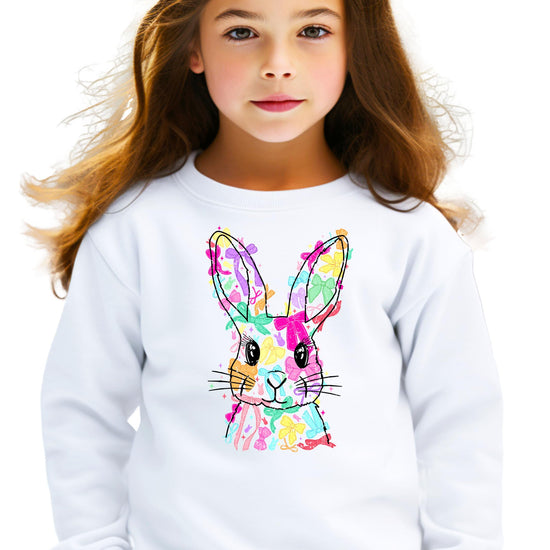 Side view of girls white Easter Bunny pullover sweatshirt with vibrant spring graphic