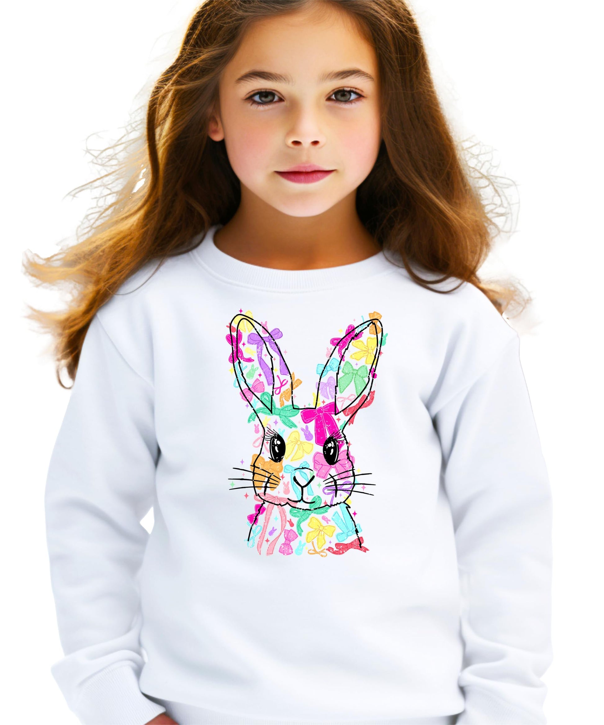 Side view of girls white Easter Bunny pullover sweatshirt with vibrant spring graphic