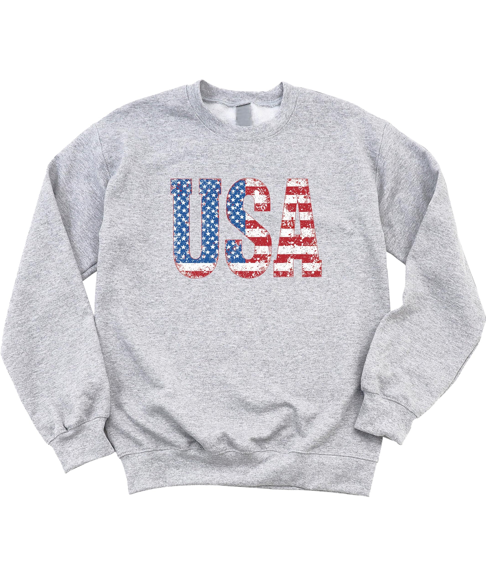Model wearing distressed USA flag sweatshirt, casual patriotic outfit