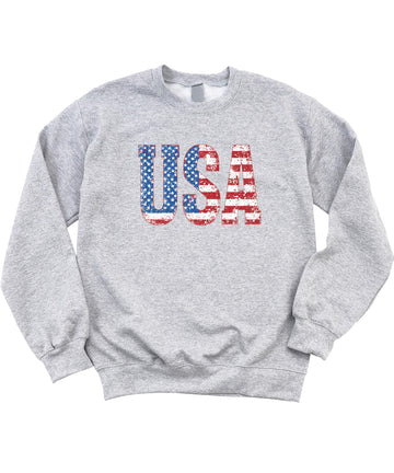 Olive Loves Apple Distressed USA Flag Sweatshirt for Women, Teens, Girls & Boys Patriotic Pullover