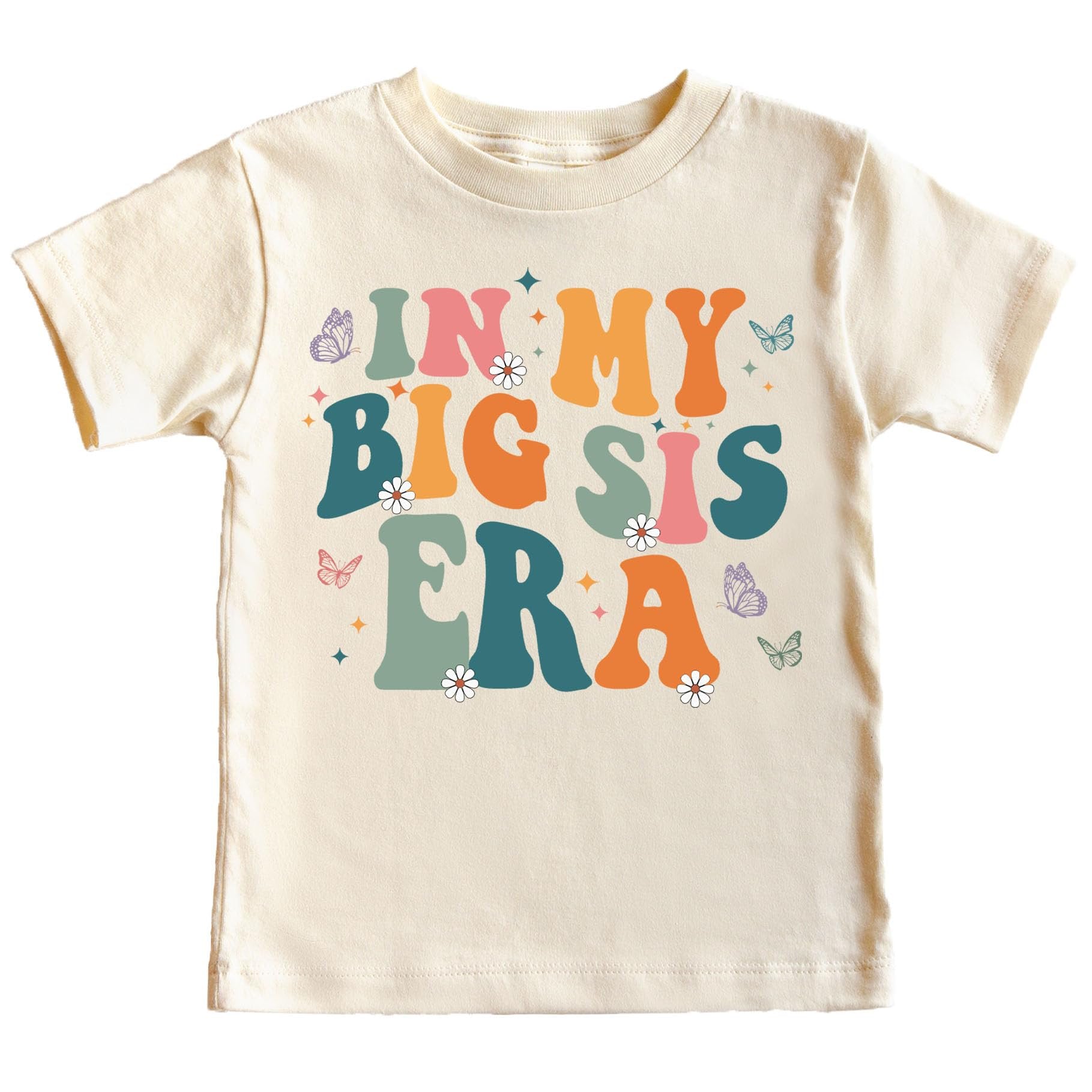 Front view of In My Big Sis Era kids shirt in peach with butterfly design and trendy lettering