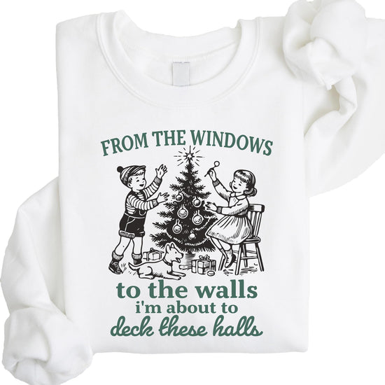 Funny Deck These Halls Christmas sweatshirt in gray with bold holiday graphic print for women and men