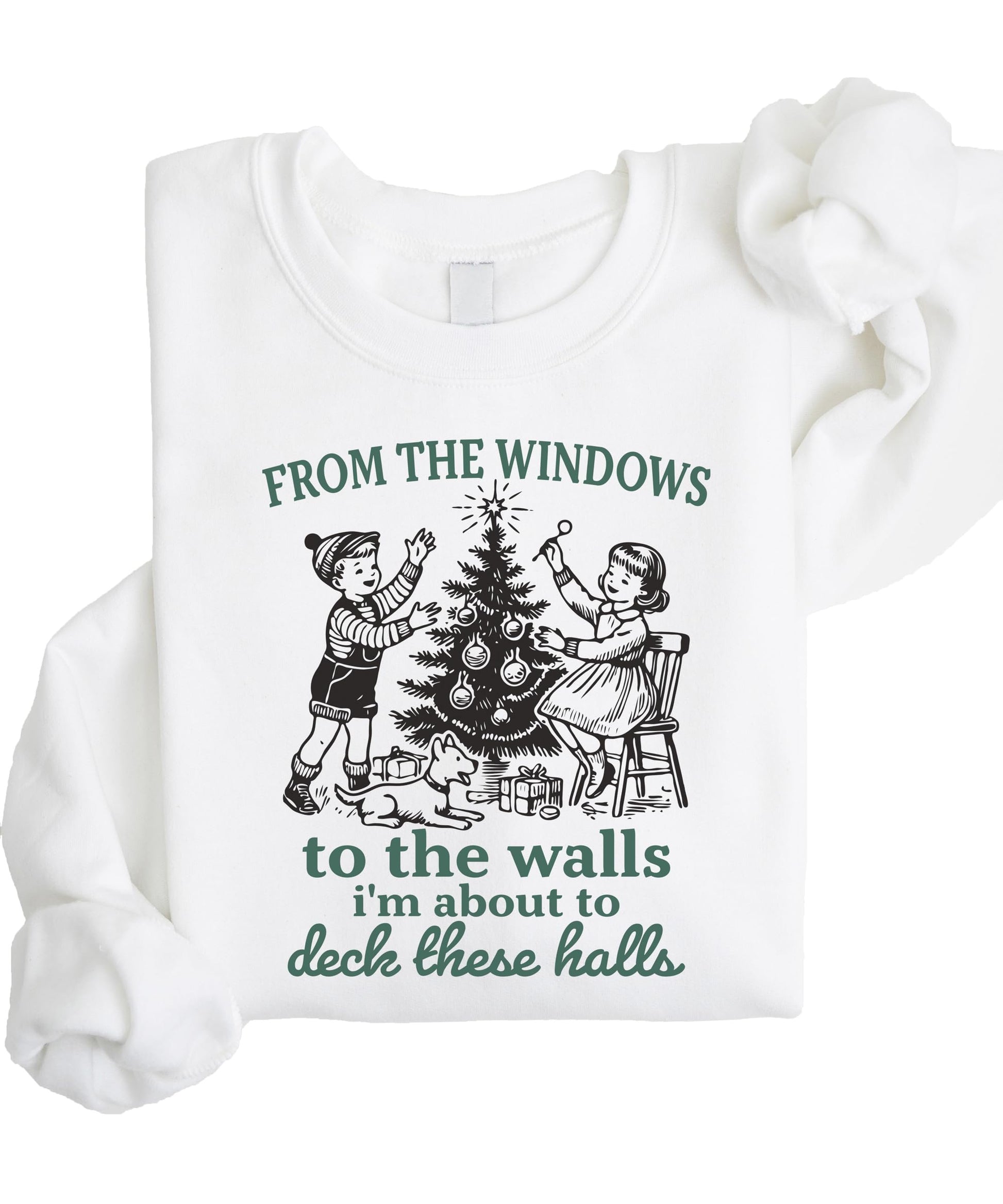 Funny Deck These Halls Christmas sweatshirt in gray with bold holiday graphic print for women and men