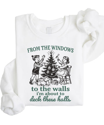 Funny Deck These Halls Christmas sweatshirt in gray with bold holiday graphic print for women and men