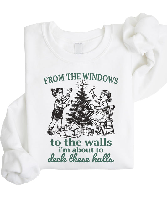 Funny Deck These Halls Christmas sweatshirt in gray with bold holiday graphic print for women and men