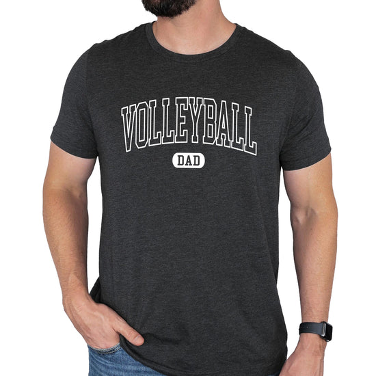 Gray heather men's t-shirt with Volleyball Dad text in varsity font on front