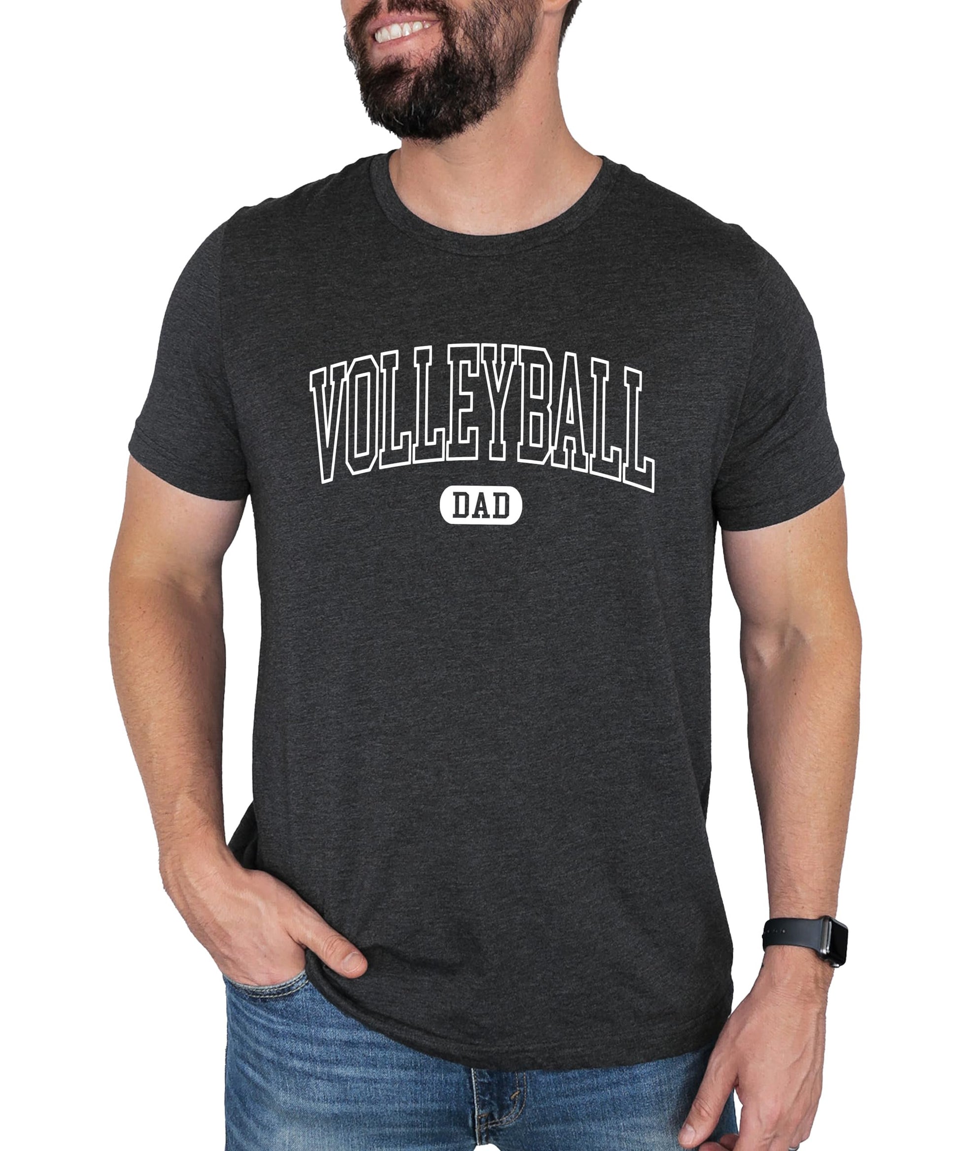 Gray heather men's t-shirt with Volleyball Dad text in varsity font on front