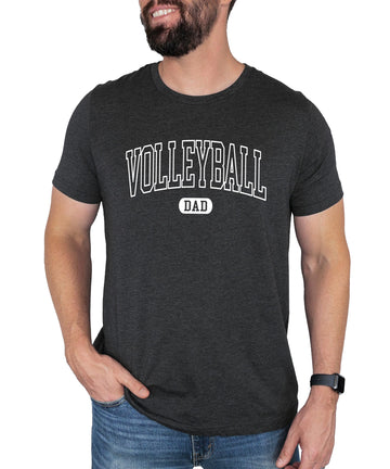 Gray heather men's t-shirt with Volleyball Dad text in varsity font on front