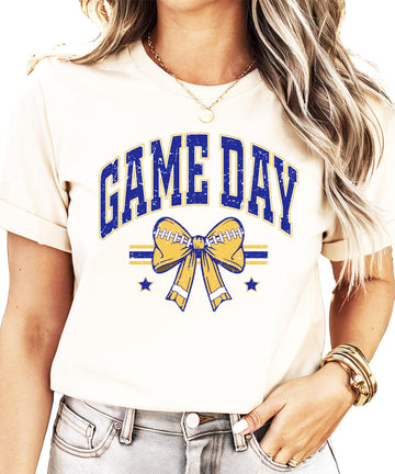 Blue and Yellow Game Day Shirt for Women, Teens & Kids Team Colors Football Bow Graphic Tee