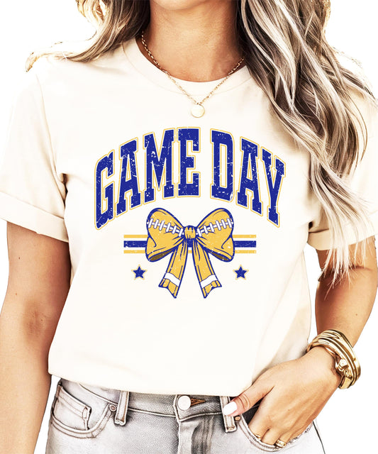 Blue and Yellow Game Day Shirt for Women, Teens & Kids Team Colors Football Bow Graphic Tee