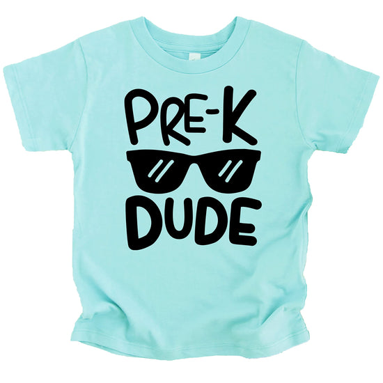 Close-up of Pre-K Dude text graphic on royal blue children's t-shirt