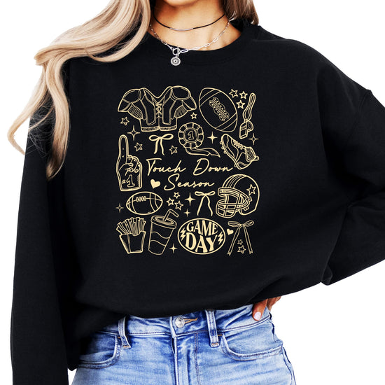Touch Down Season football sweatshirt in gray with colorful football graphics including helmets and bows