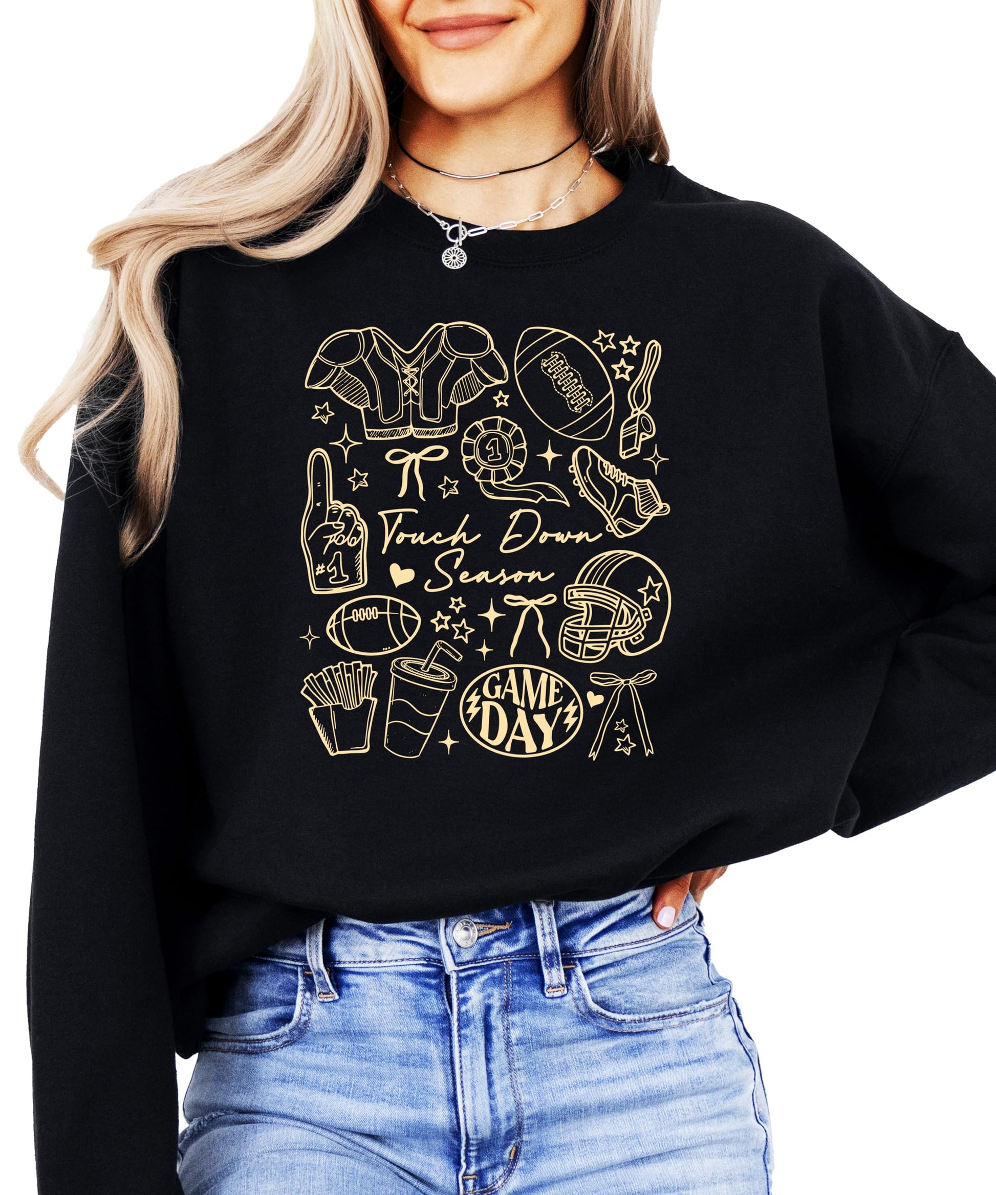 Touch Down Season football sweatshirt in gray with colorful football graphics including helmets and bows