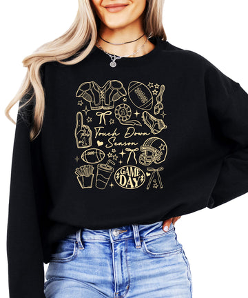 Touch Down Season football sweatshirt in gray with colorful football graphics including helmets and bows