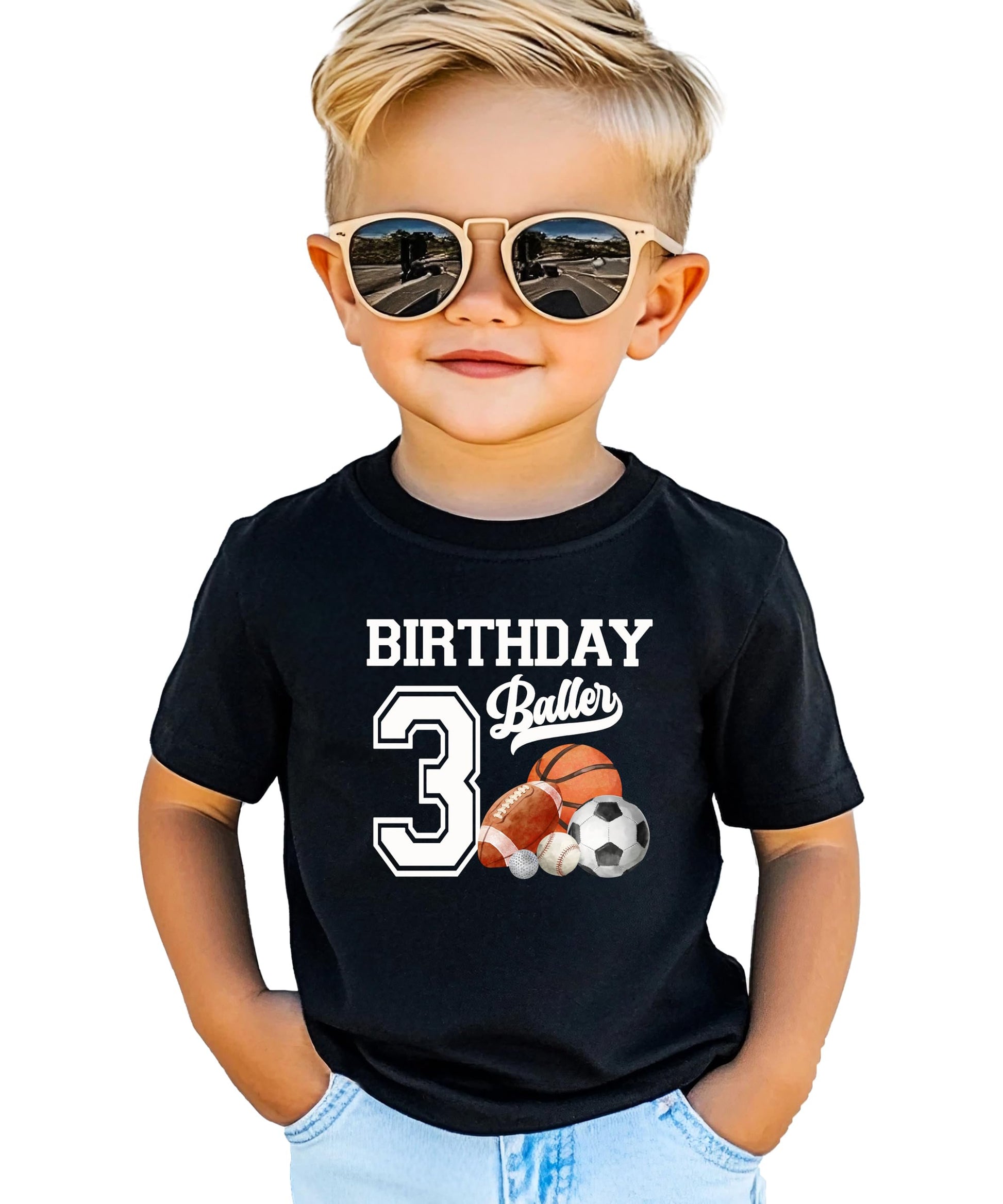 Boys wearing Birthday Baller sports graphic tee for third birthday party