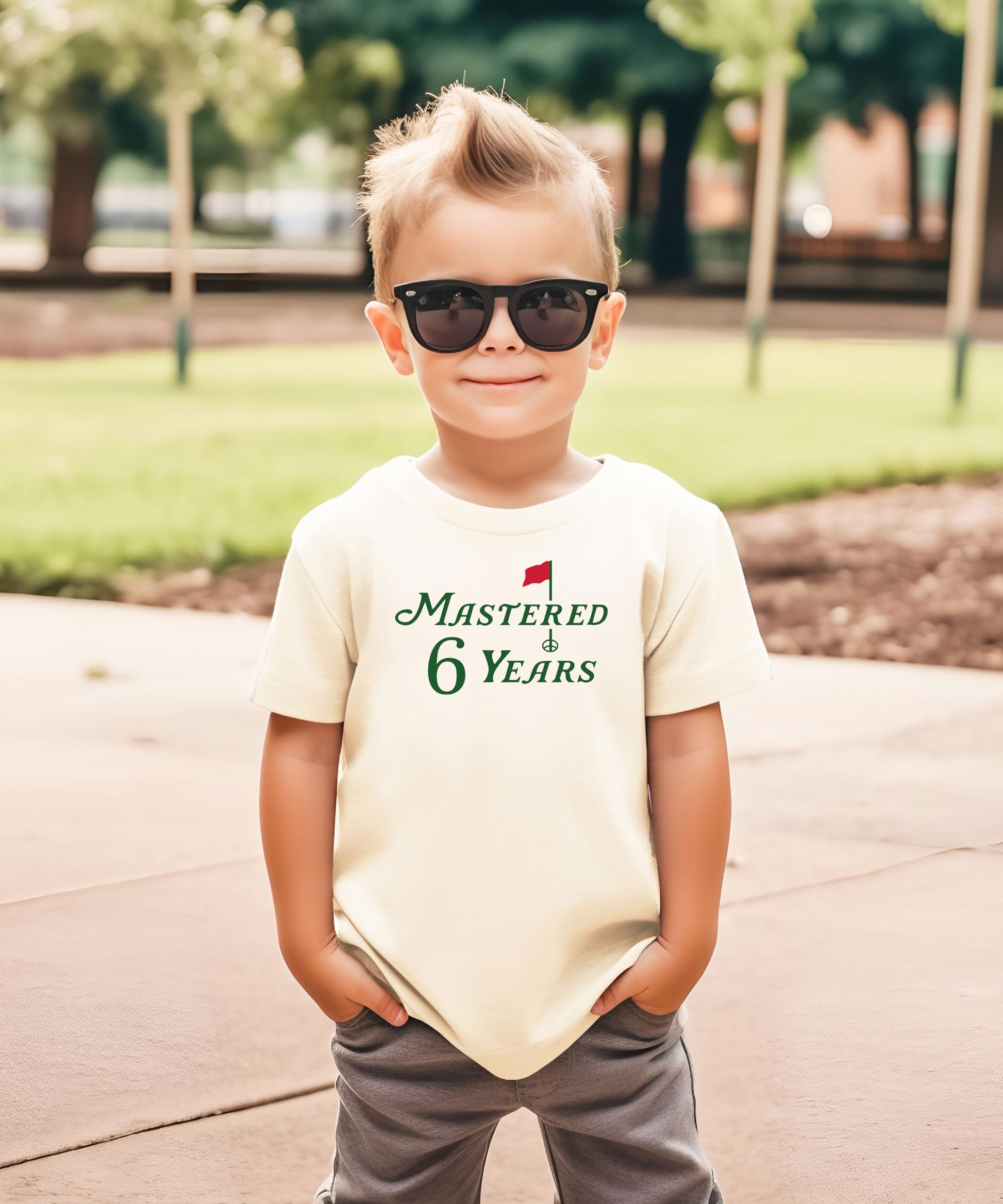 Close-up of Mastered 6 Years golf graphic print on natural kids t-shirt