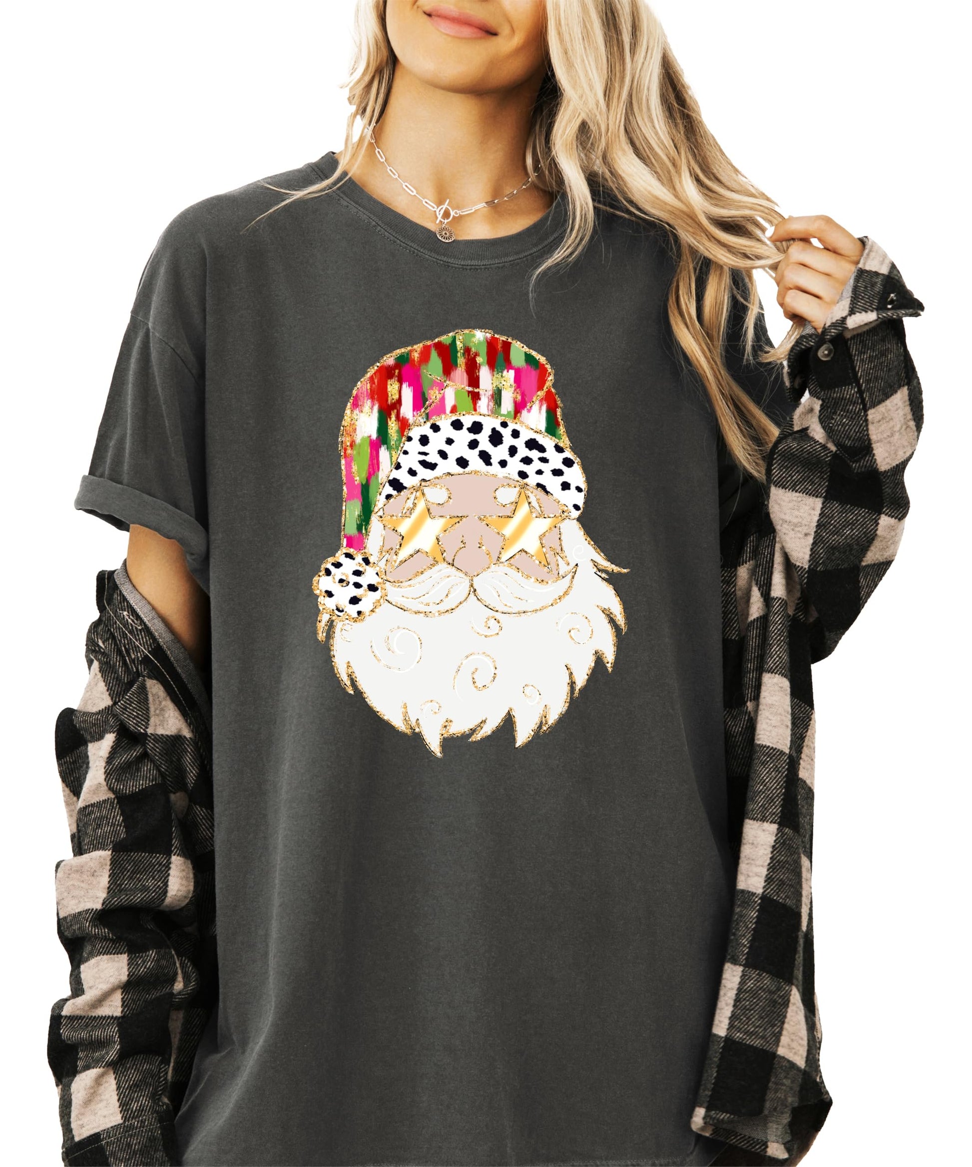 Front view of funny Santa gold sunglasses graphic on ivory women's Christmas holiday tee