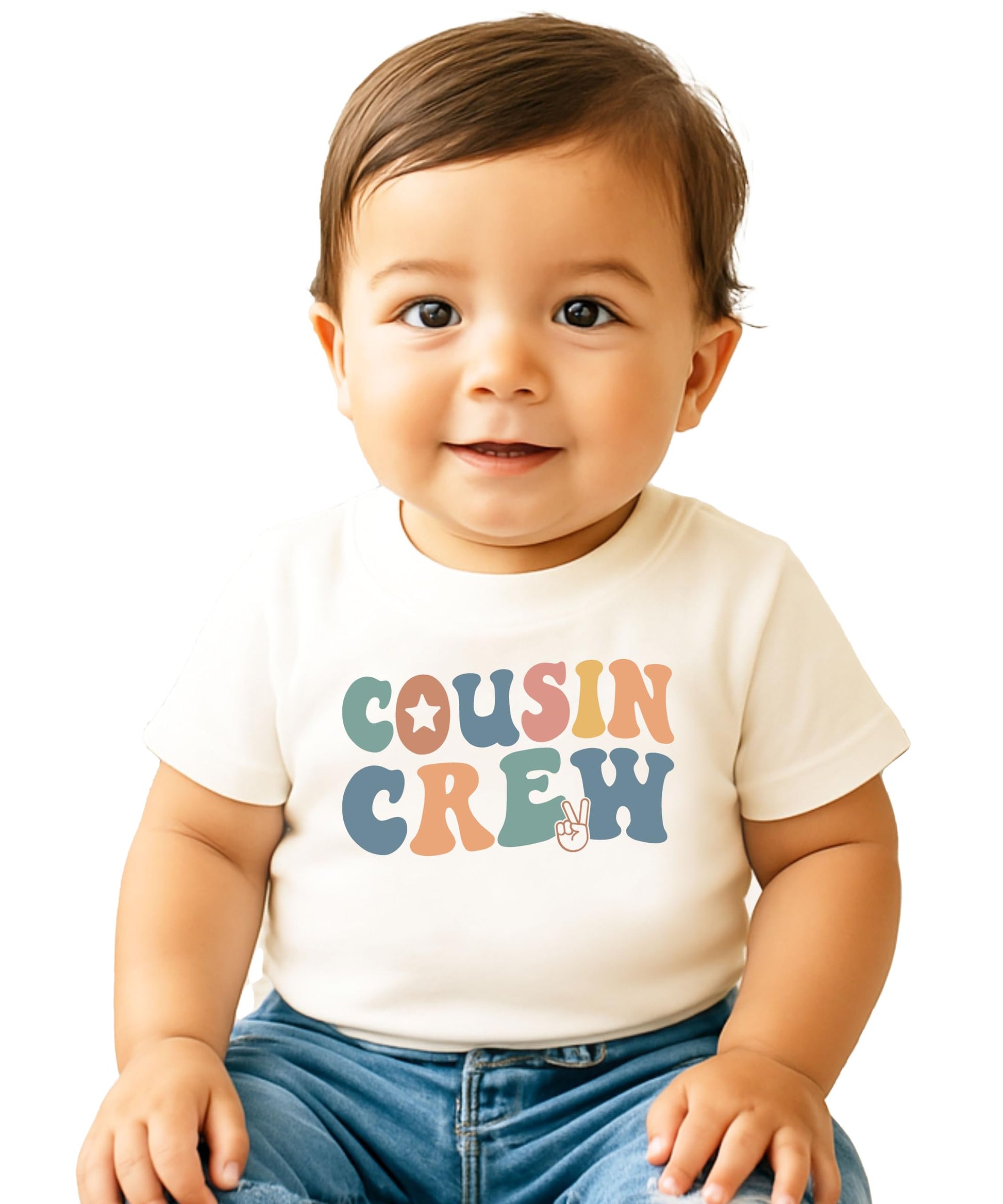 Child modeling natural colored Cousin Crew shirt with retro rainbow text