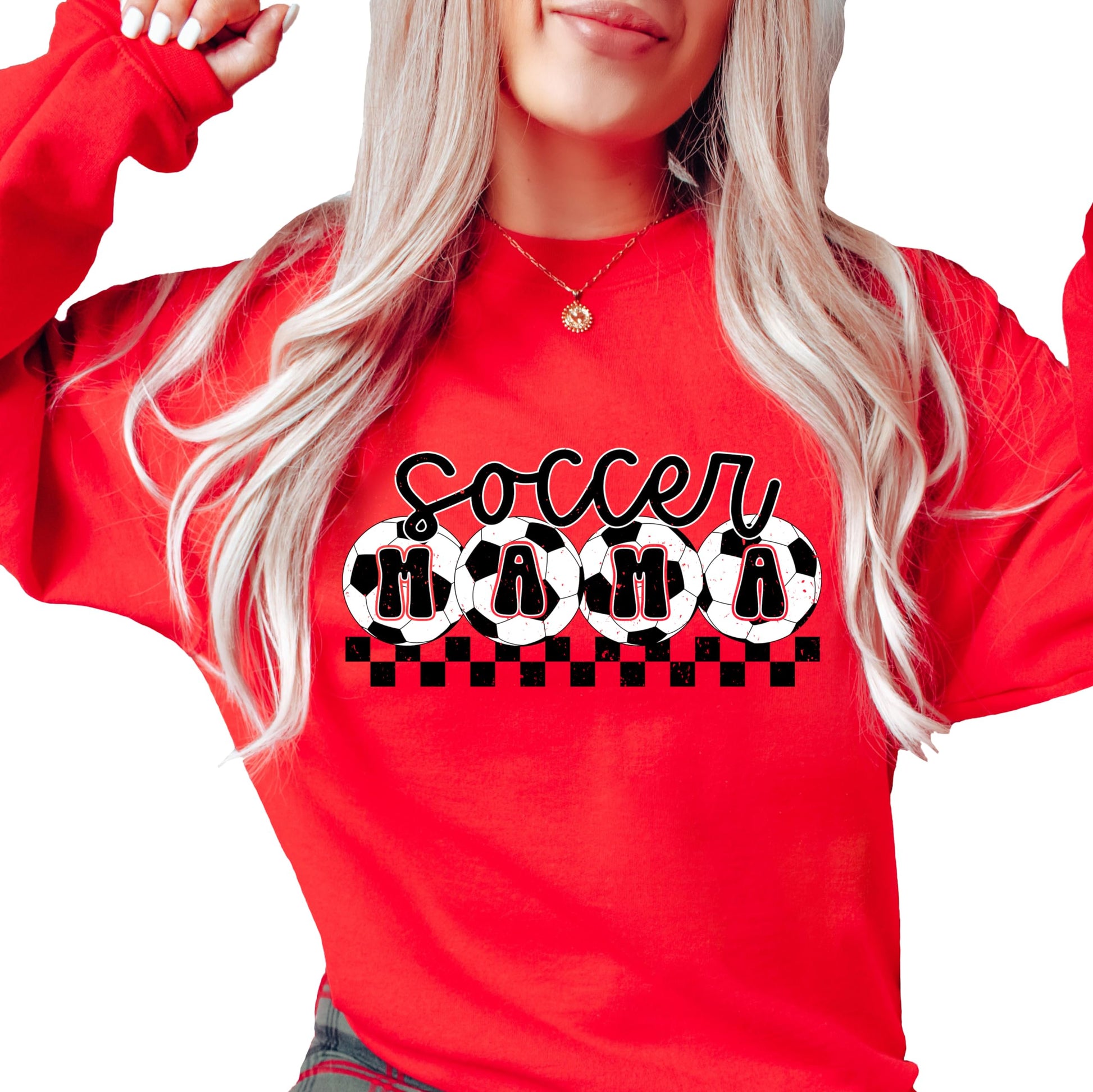 Women's red checkered Soccer Mama graphic sweatshirt by Olive Loves Apple, front view